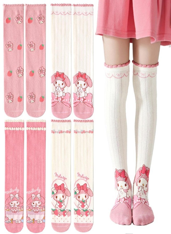 SaFeHoM 4 Pairs Knee High Socks for Girls & Women, Cute Cartoon Thicken Over Knee Stockings Cotton Long Socks Anime Compression Stocks 15" (Pink) - Image 1